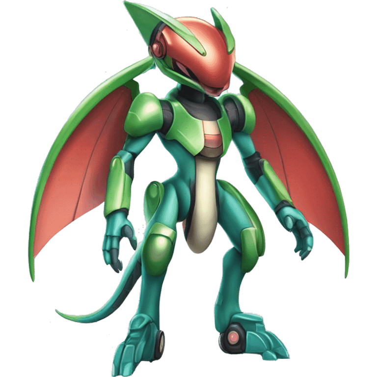 a shiny metallic Genesect-Flygon-Raptor-Fakémon-Medabot-hybrid with a futuristic visor-helmet full body emoji