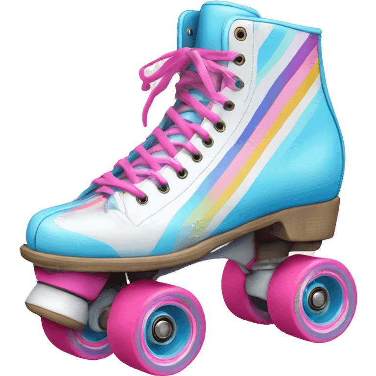 A vintage roller skate with a white leather boot, rainbow stripes, and bright pink wheels. Add a pastel blue lace detail and a faint shadow for a classic 80s vibe.  ' emoji