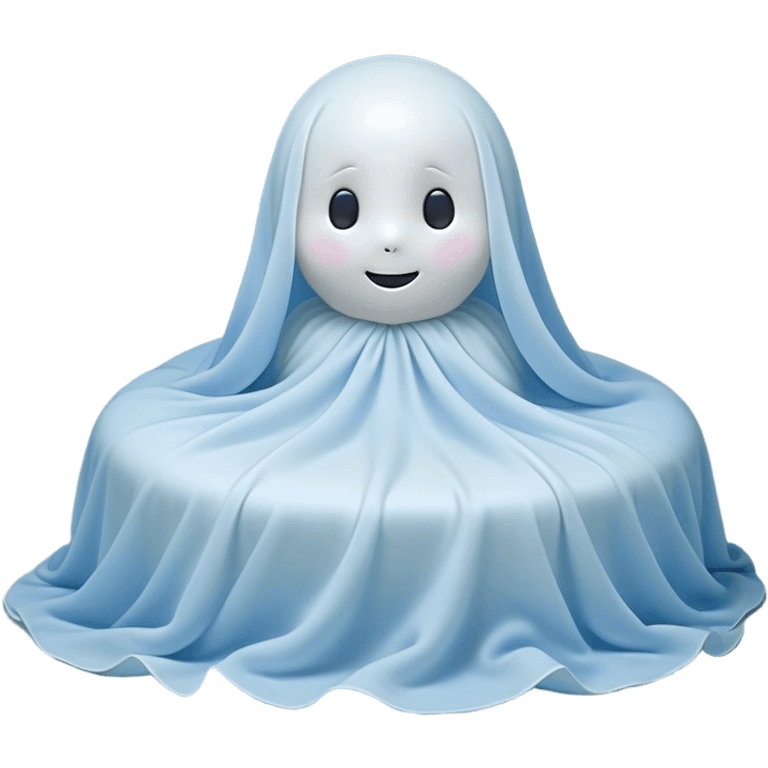 An adorable, peacefully floating sheet-like ghost in gentle pastel whites and blues, its soft, rounded form loosely draped, head resting with closed, serene sparkling eyes and a tiny, contented smile, simplified yet irresistibly charming, highly detailed, with a soft glowing outline that captures the essence of a sleepy, endearing spirit wrapped in cozy slumber! emoji