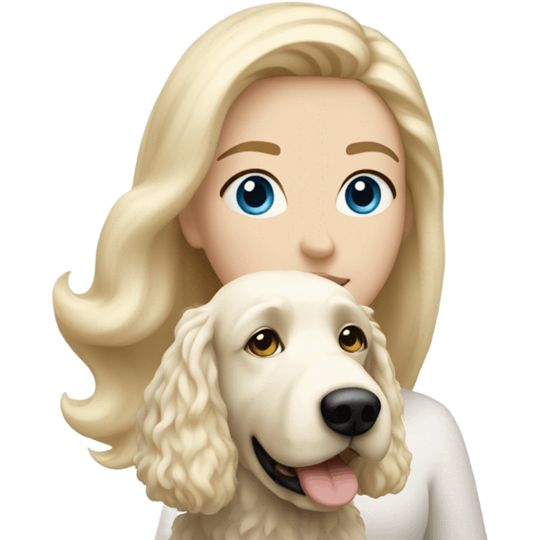 White lady with blonde hair and blue eyes and her white golden doodle dog emoji