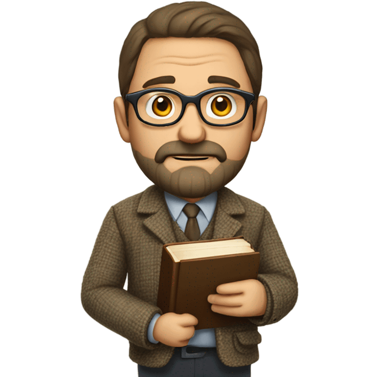 "A middle-aged man with brown hair, a beard, and round glasses. He has a serious, regretful expression, wears a tweed jacket, and holds a book or chalk." emoji