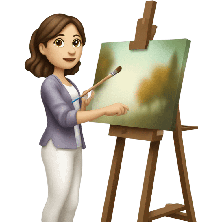 A female Caucasian brown haired artist, painting at an easel with Canvas on the easel emoji