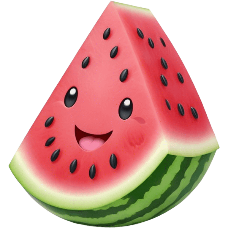 Cute Kawaii Watermelon Slice, juicy and vibrant, soft pastel green rind with pink flesh, tiny black seeds shaped like hearts, an adorable happy face with cute round eyes, bursting with summer energy! emoji