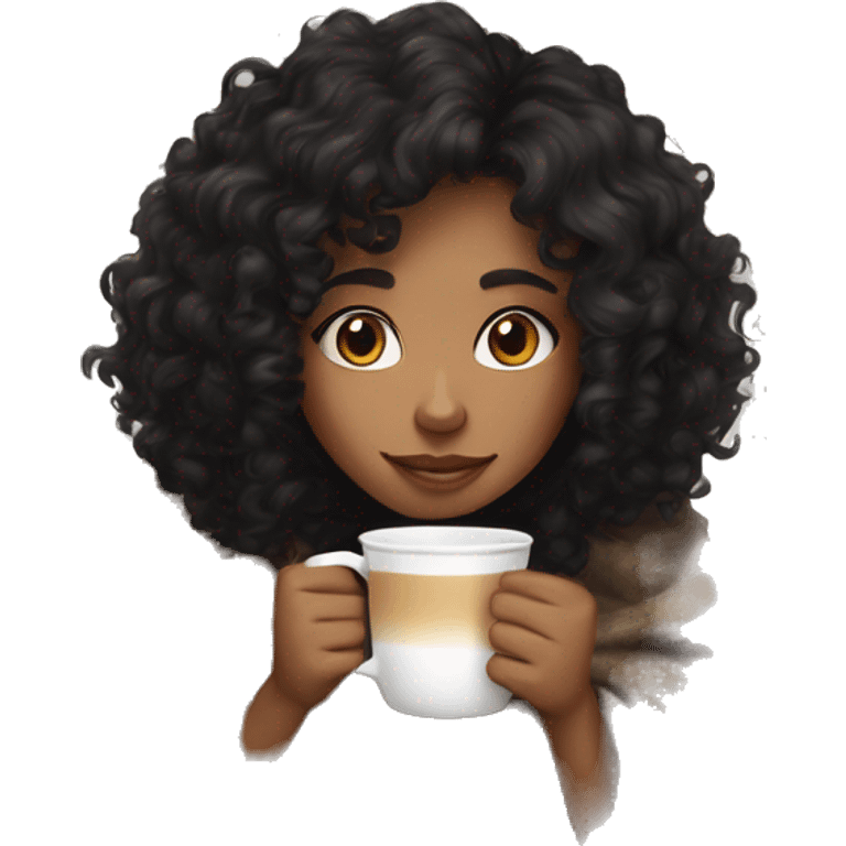 Light brown skin mid length black curly hair Girl drinking coffee, with a cozy blanket emoji