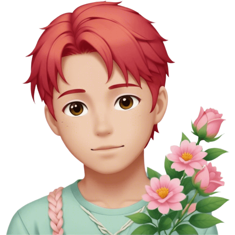 Gorgeous pastel red hair with a thin braid on the side anime style shojo guy with blushing face and flowers aesthetic trending style outside emoji