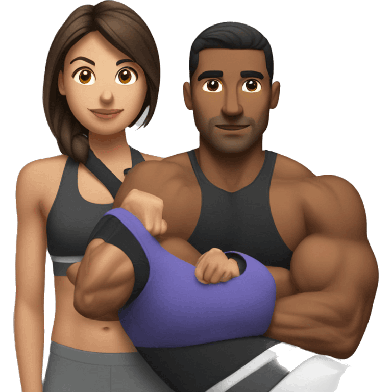 Brown man at the gym With a female trainer with muscles emoji