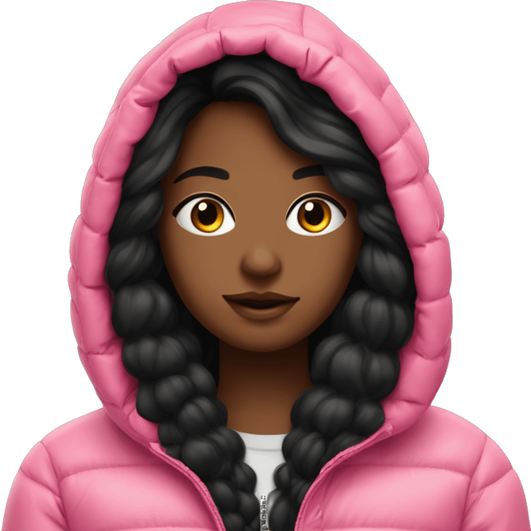 very long black hair pretty dark girl in a pink puffer jacket with hoodie on emoji