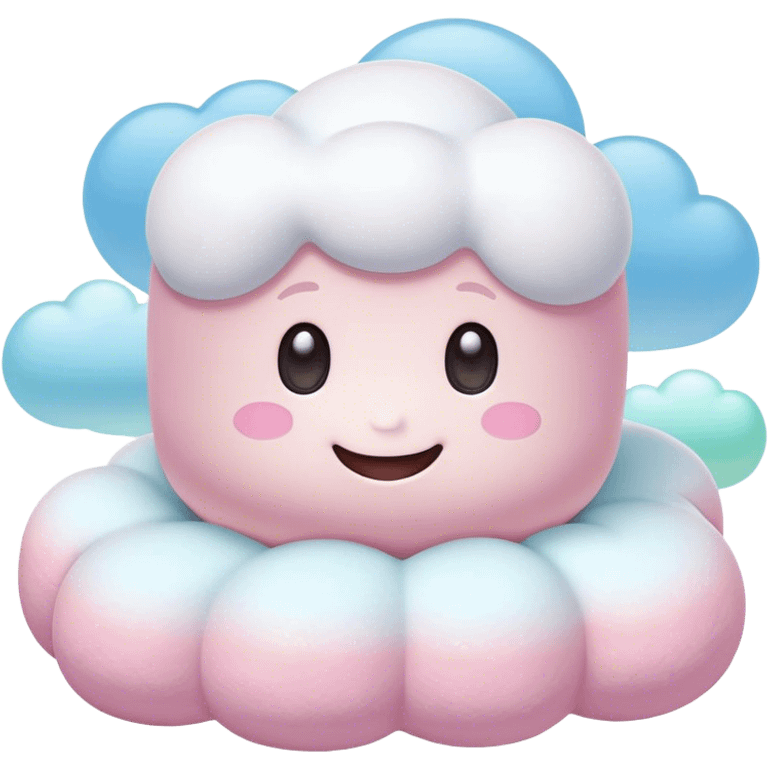 Cinematic fluffy pastel marshmallow character, soft round edges, tiny sparkly eyes, a small happy smile, glowing warmly, floating in a dreamy soft sky. emoji