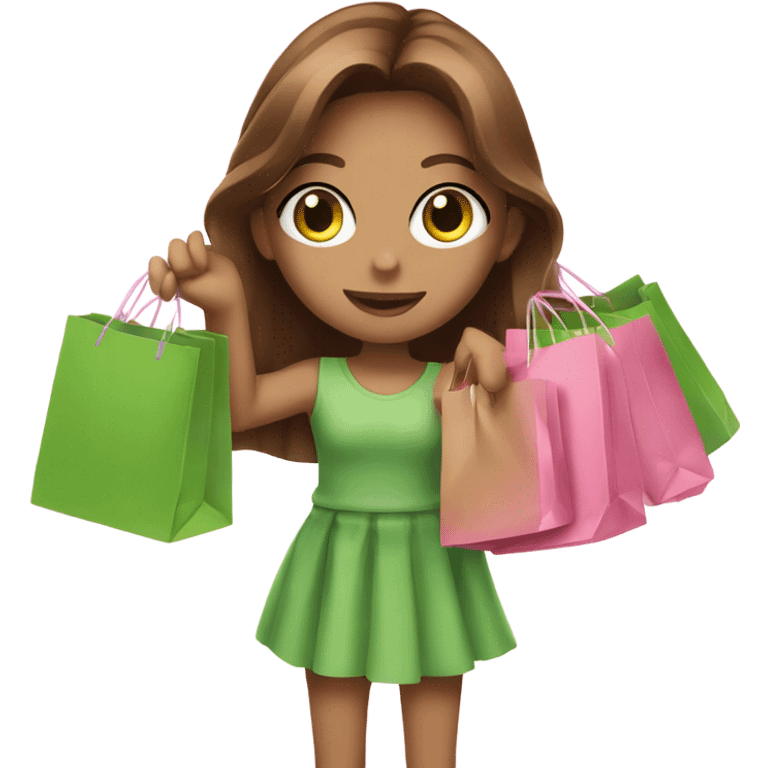 Long brown haired green eyed girl holding pink shopping bags emoji