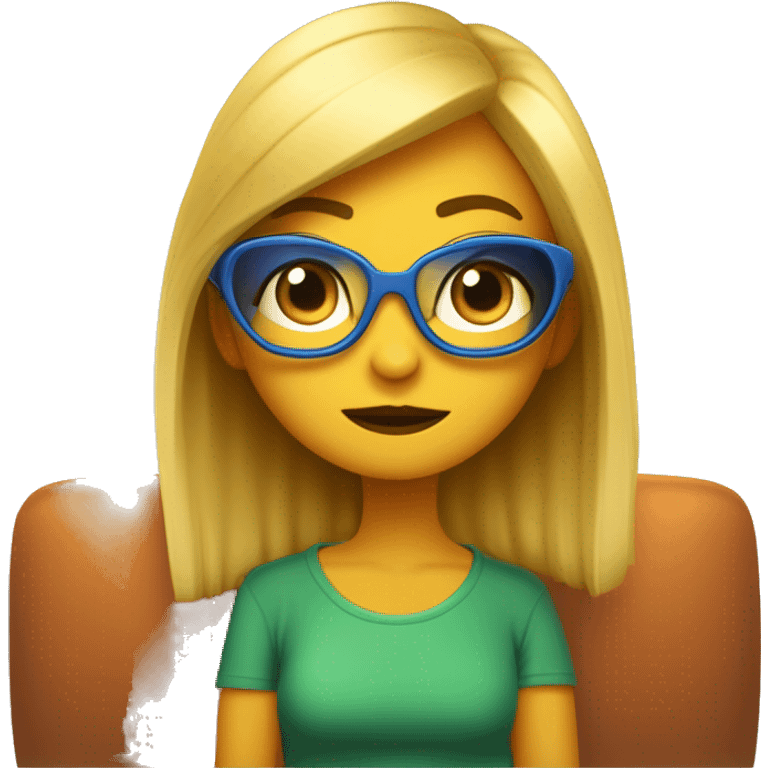 Chica pixar rubia con ojos azules y gafas cuadradas de metal dorado. Está sentada en un sofá con un gato naranja de ojos color miel y una gata tricolor de ojos verdes emoji