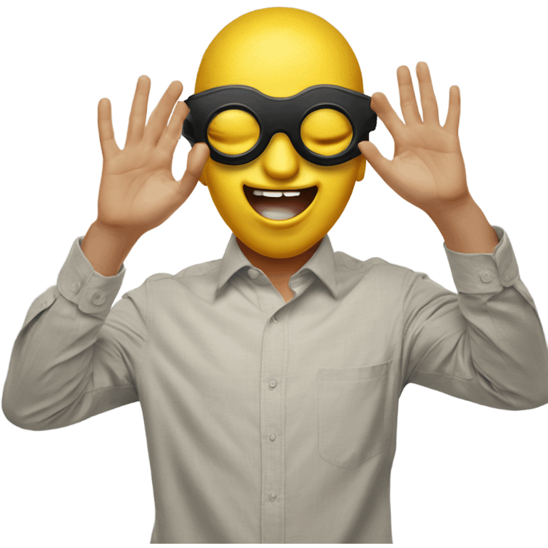 Create an emoji with both hands making circles in front of the eyes, mimicking the 'goggles celebration' gesture, expressing joy and excitement with a playful yellow face."
 emoji