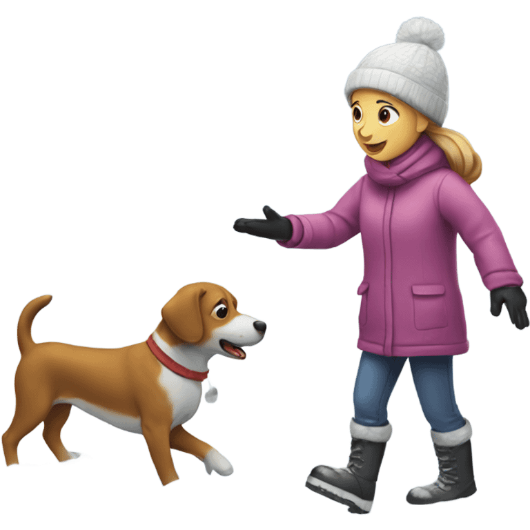 Girl playing with dog in snow with snowman nearby emoji