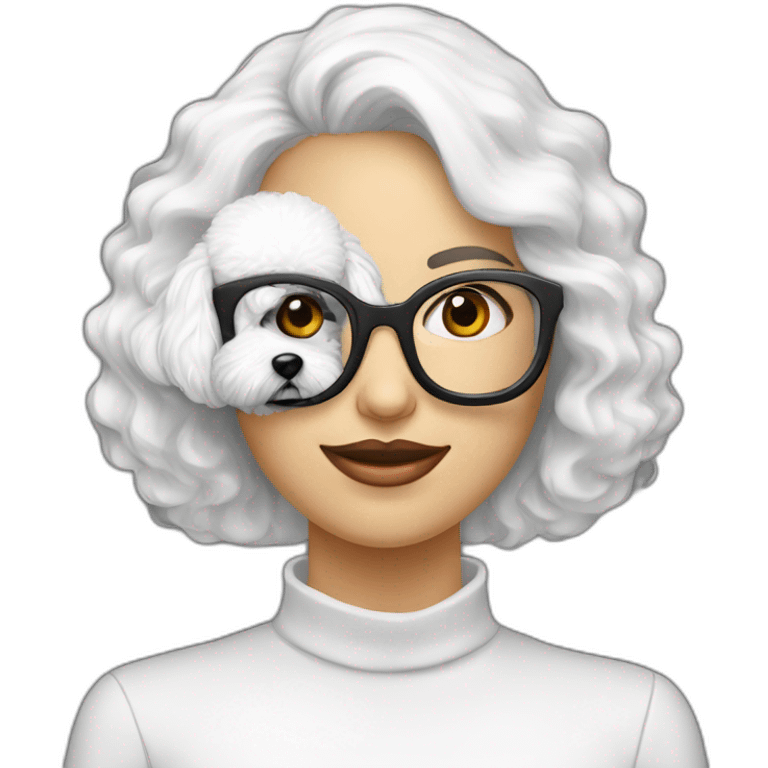 mujer gafas piel blanca pelo largo negro y perro bichon blanco emoji