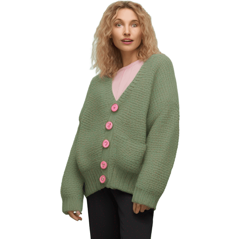 Sage oversize wool open short cardigan with pink buttons, isolated emoji