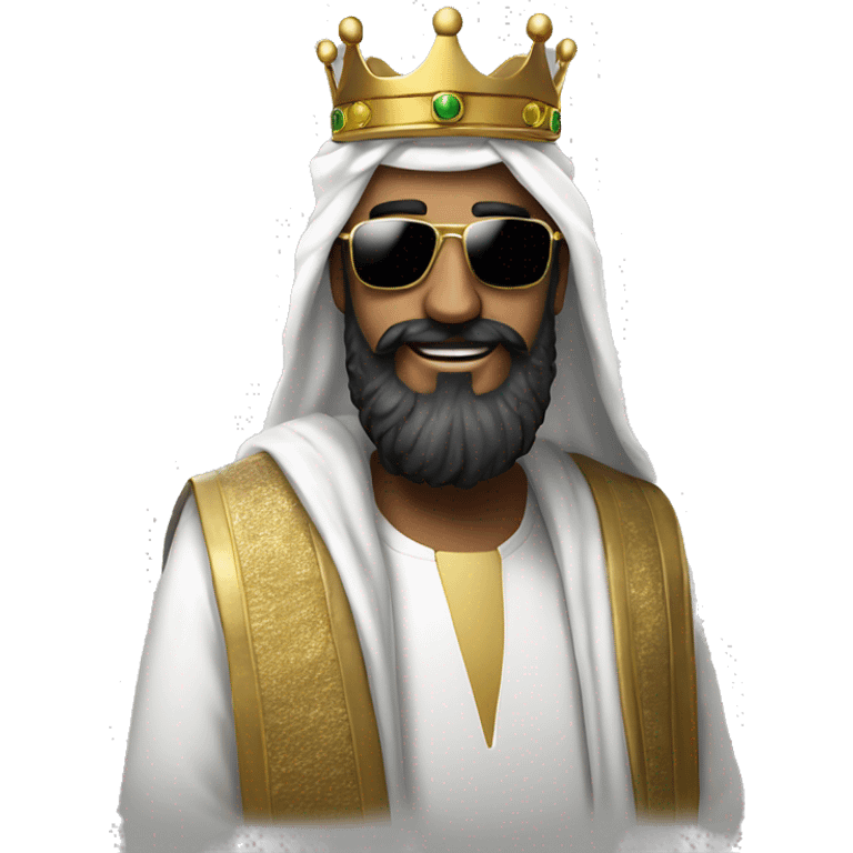 A man in an arafat with a large black beard and large square sunglasses, wearing a golden crown on top of the arafat emoji