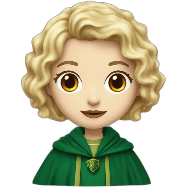 Blue eyes Slytherin girl with short wavy ash blonde hair eating chips and cheese hogwarts robe emoji