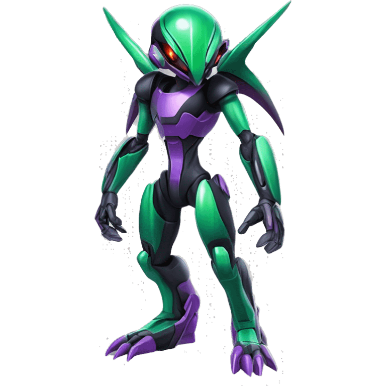 a shiny black-green-purple Genesect-Flygon-Raptor-Fakémon-Medabot-hybrid with a futuristic visor-helmet full body emoji