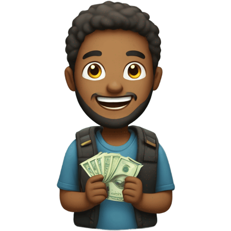 happy boy with beard indoors and money in his hand  emoji