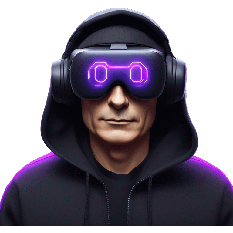 Vladimir Putin wearing a black hoodie with "OMG" letters on it and VR headset oculus quest 2 in a cyberpunk VR environment with violet neon lighting. emoji