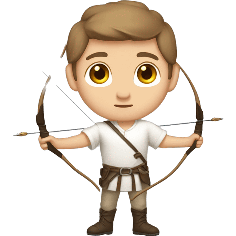 a male archer bending a bow, wearing a white shirt, very short brown hair, bright skin, only show upper part of the body from waist up emoji