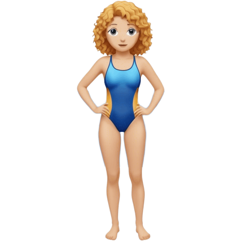 hot woman in blue swimming suit blond skin copper long semi  curly  hair full body  emoji