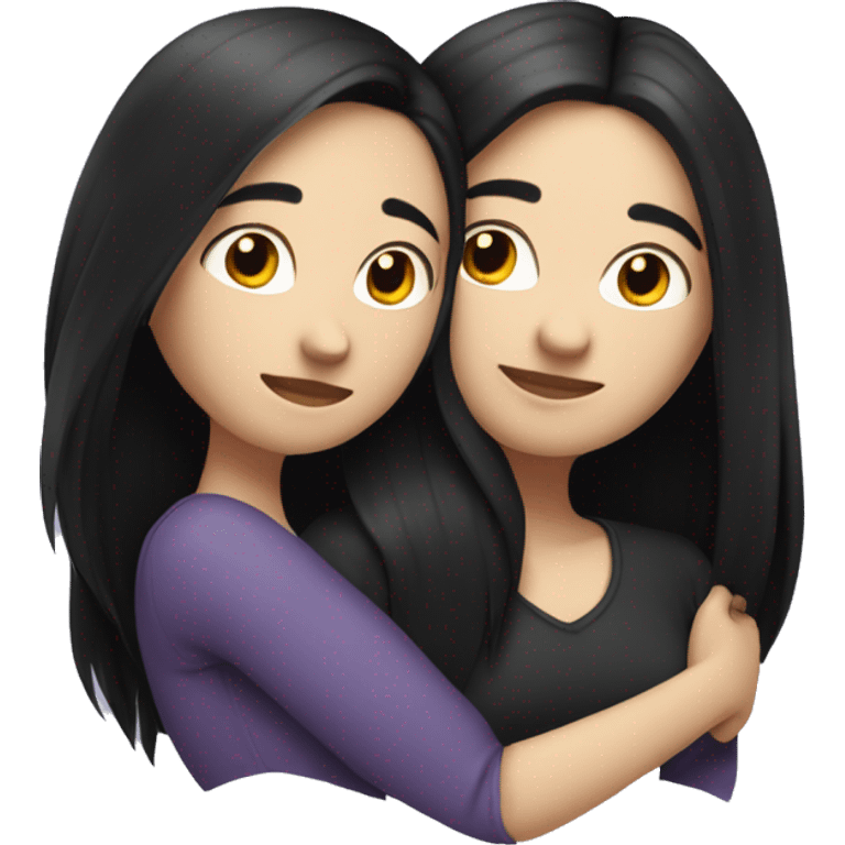 A lesbian couple with white skin and long black hair hugging intimately emoji