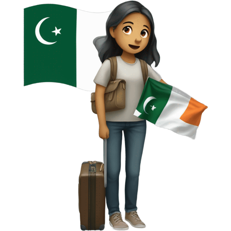 A girl crying , and holding a suitcase and Pakistan flag emoji