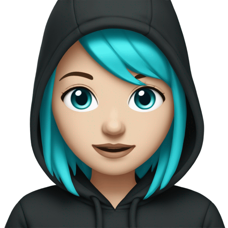 White girl, black hoodie, teal purple hair, black beanie hat, blue eyes emoji