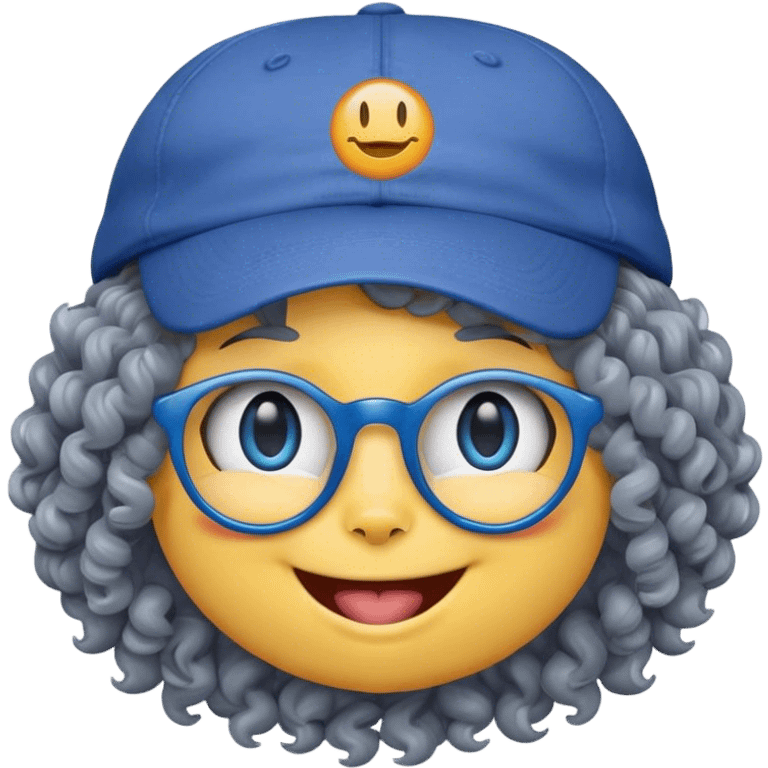 yellow female smiley face emoji, big smile, winking, wearing a backwards blue ball cap, grey curly hair, cat eye glasses, no eye colo emoji