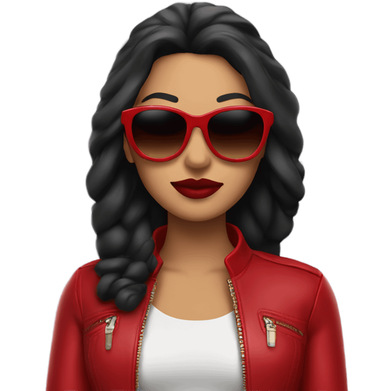 Latina with dark sunglasses a red leather jacket and bright red lipstick emoji