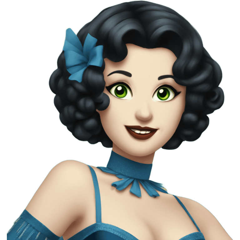 Burlesque dancer wearing blue with black hair, pale skin, and green eyes in a dark blue vintage costume dancing emoji