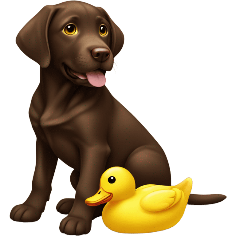 Chocolate lab puppy with big yellow duck toy emoji