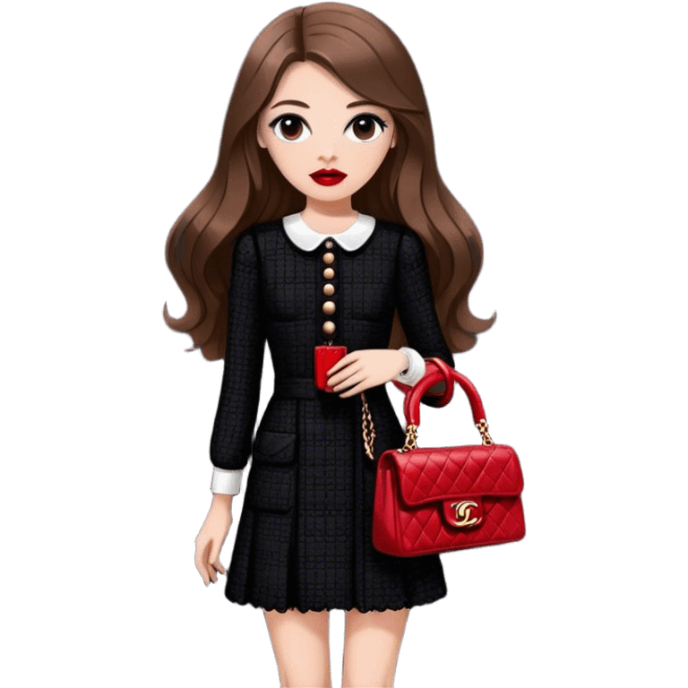 White girl with brown long hair dressed up in black chanel tweed dress with a red chanel bag and red lipstick. Close up shot with wind blowing her hair looking fancy emoji