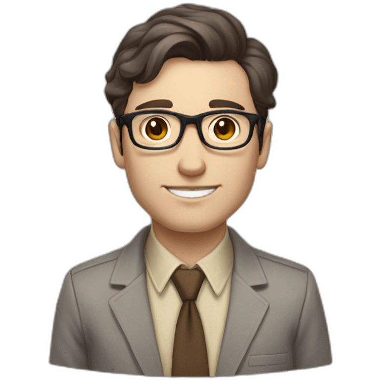 Full height Pale skinned fit man with dark brown hair in gray jacket, beige office shirt, brown tie, brown pants and vintage glasses. His right hand stretched out emoji