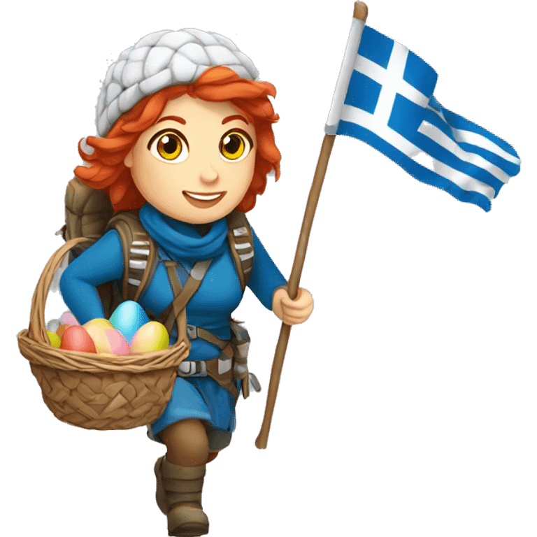 Greek Female winter mountaineer red hair white skin climbing with Greek Flag and Easter eggs basket emoji