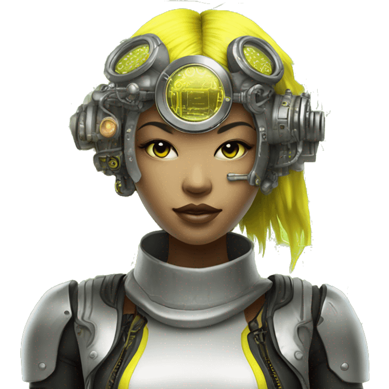 Neon yellow bobbed hair Asian female cyborg head with silver steampunk goggles and circuits emoji