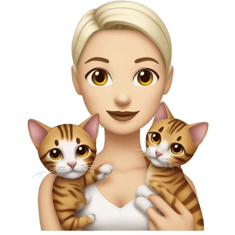 bald white girl with brown eyes and tattoos holding a bengal cat emoji