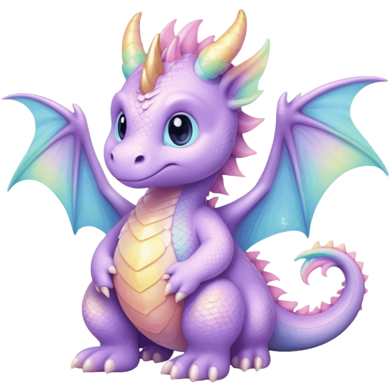 Cinematic fluffy pastel dragon, tiny round wings, chubby feet, sparkling gentle eyes, delicate glowing scales, soft colors blending magically, enchanting and whimsical. emoji