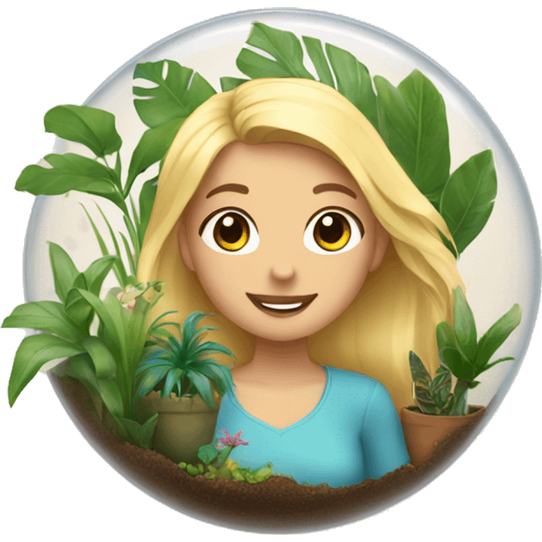 create a blonde girl holding a terrarium of tropical plants emoji