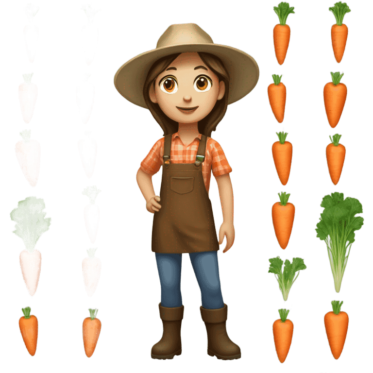 full body farmer girl holding carrots, brown hair emoji