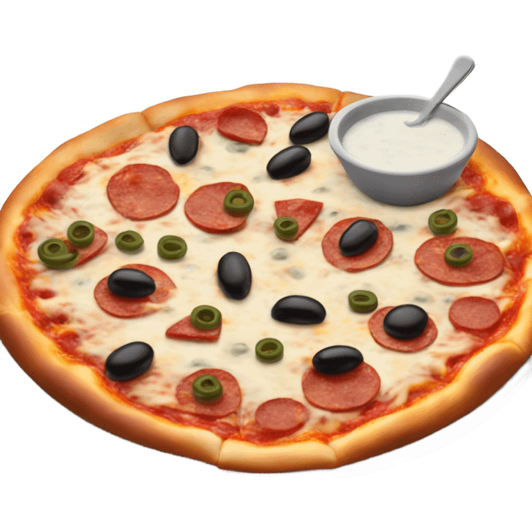 Pepperoni and olive pizza with a side of ranch emoji