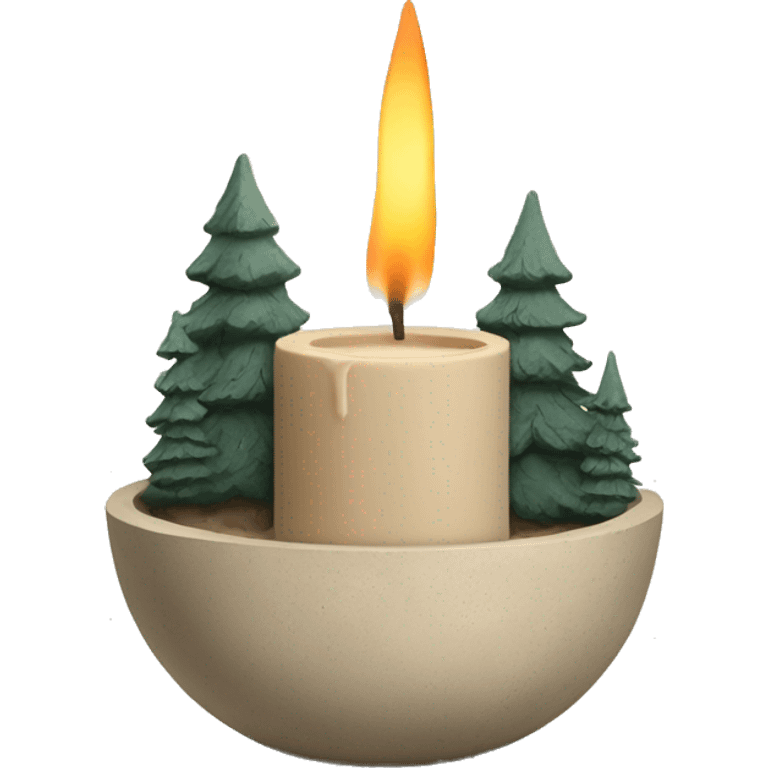 Candle in beige concrete vessel with painted pine trees emoji