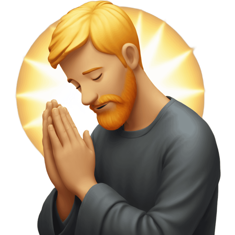 man with orange beard, short blond hair as he praying, with a holy shine behind him emoji