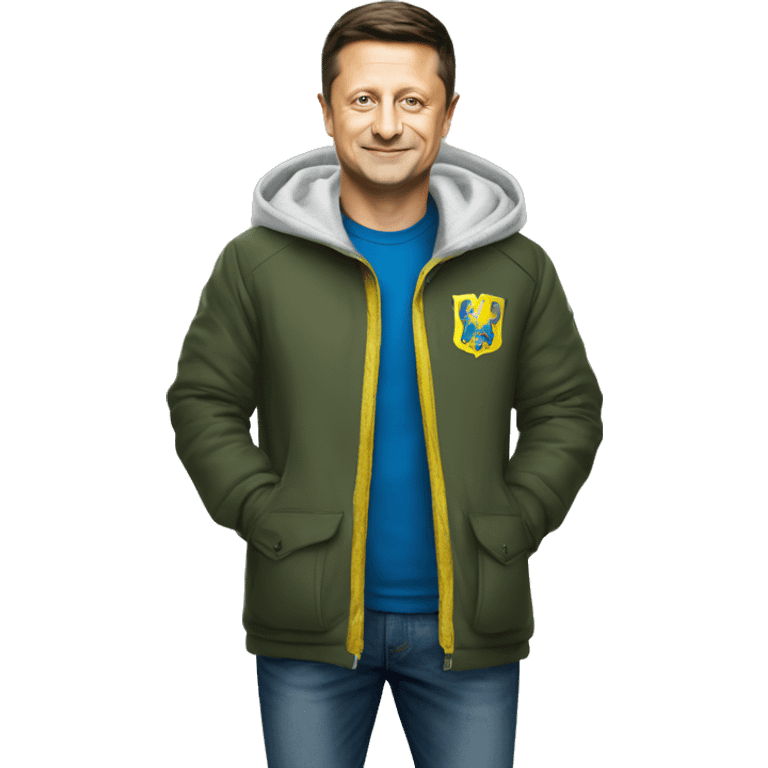 President Volodymyr Zelenskyy in haki tshirt with ukrainian coat of arms emoji