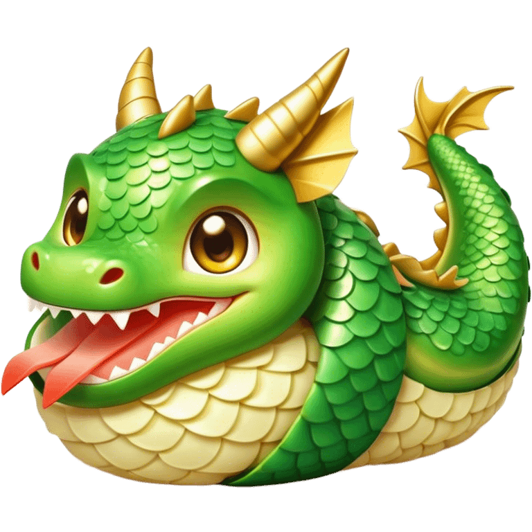 Cute Kawaii Dragon Roll, long and curled like a tiny dragon, bright green avocado scales, happy smiling face, chubby round body, sparkling golden sushi eyes! emoji