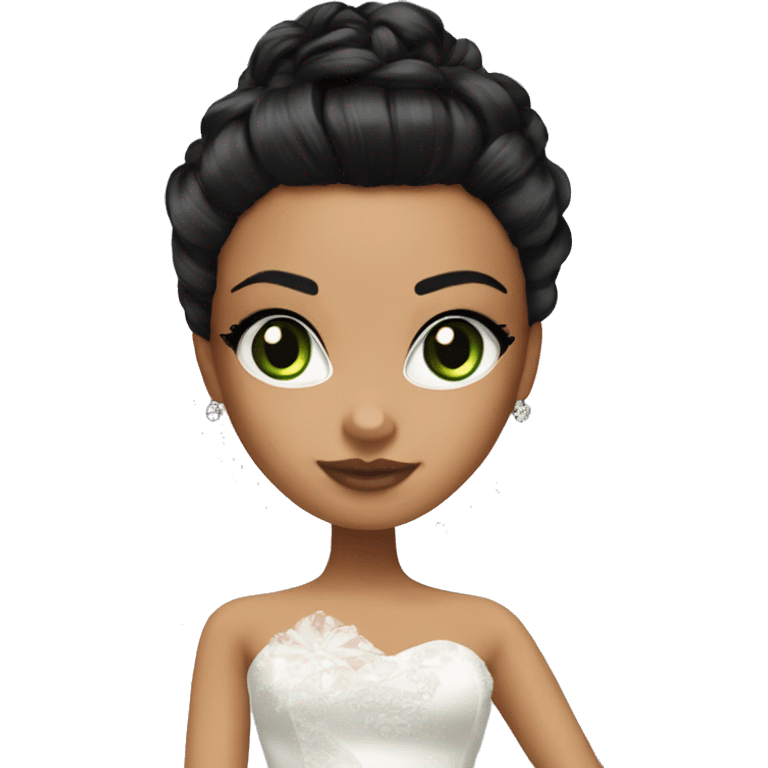 Bratz, bride, black updo hair, olive skin, green eyes emoji