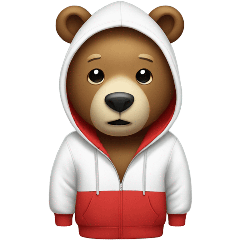 Stuffed bear wearing a hoodie. Top half with the hood is red and the bottom half is white.  emoji