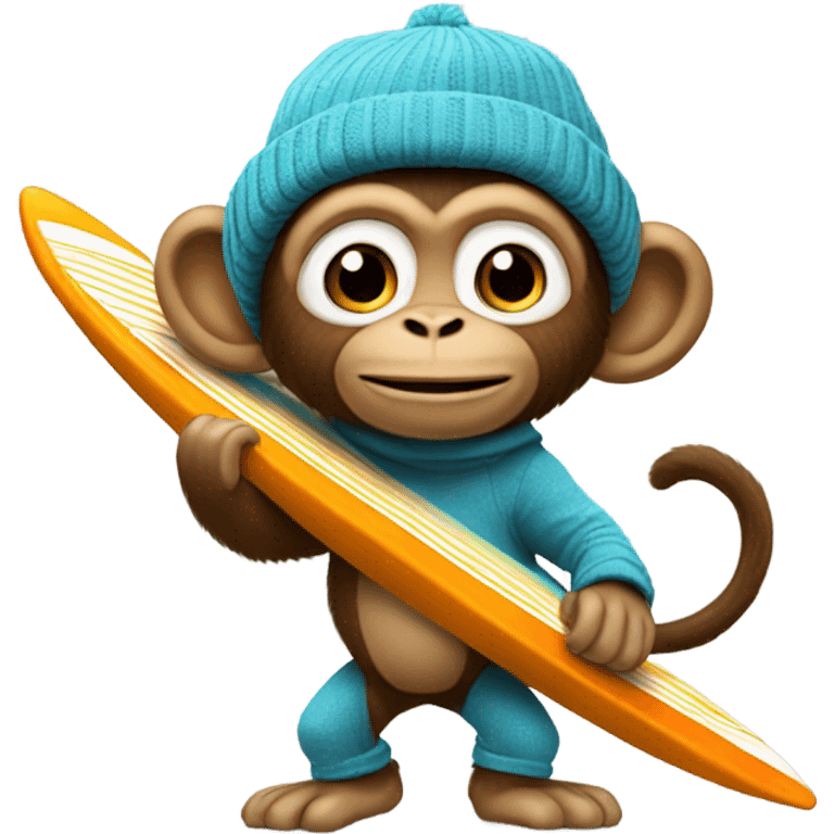 Monkey on a surfboard with a bazooka wearing a beanie emoji