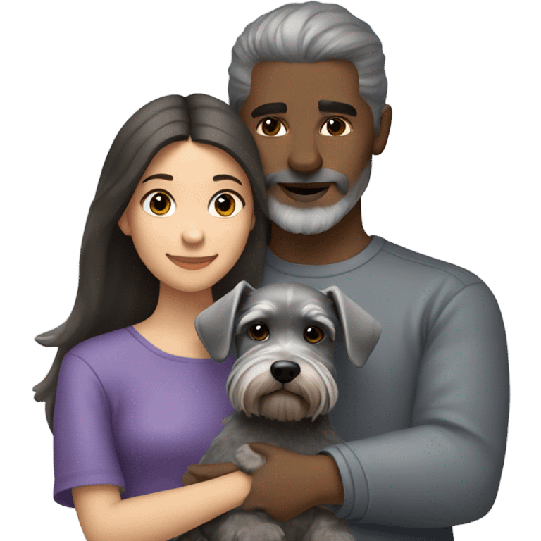 A girl with dark hair and brown eyes hugs a gray miniature Schnauzer dog emoji