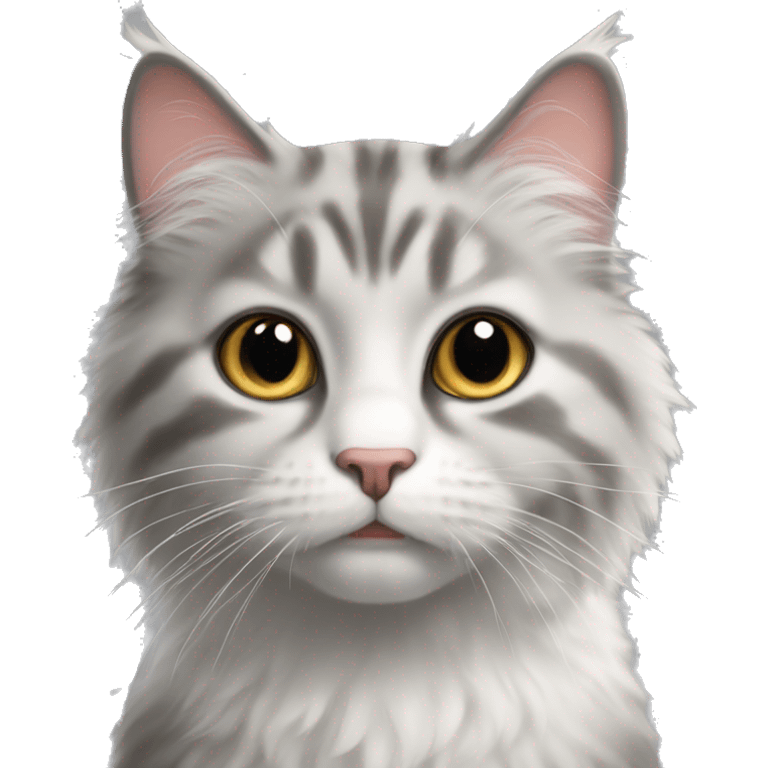 Fluffy cat with grey nose and white spot on the chin emoji